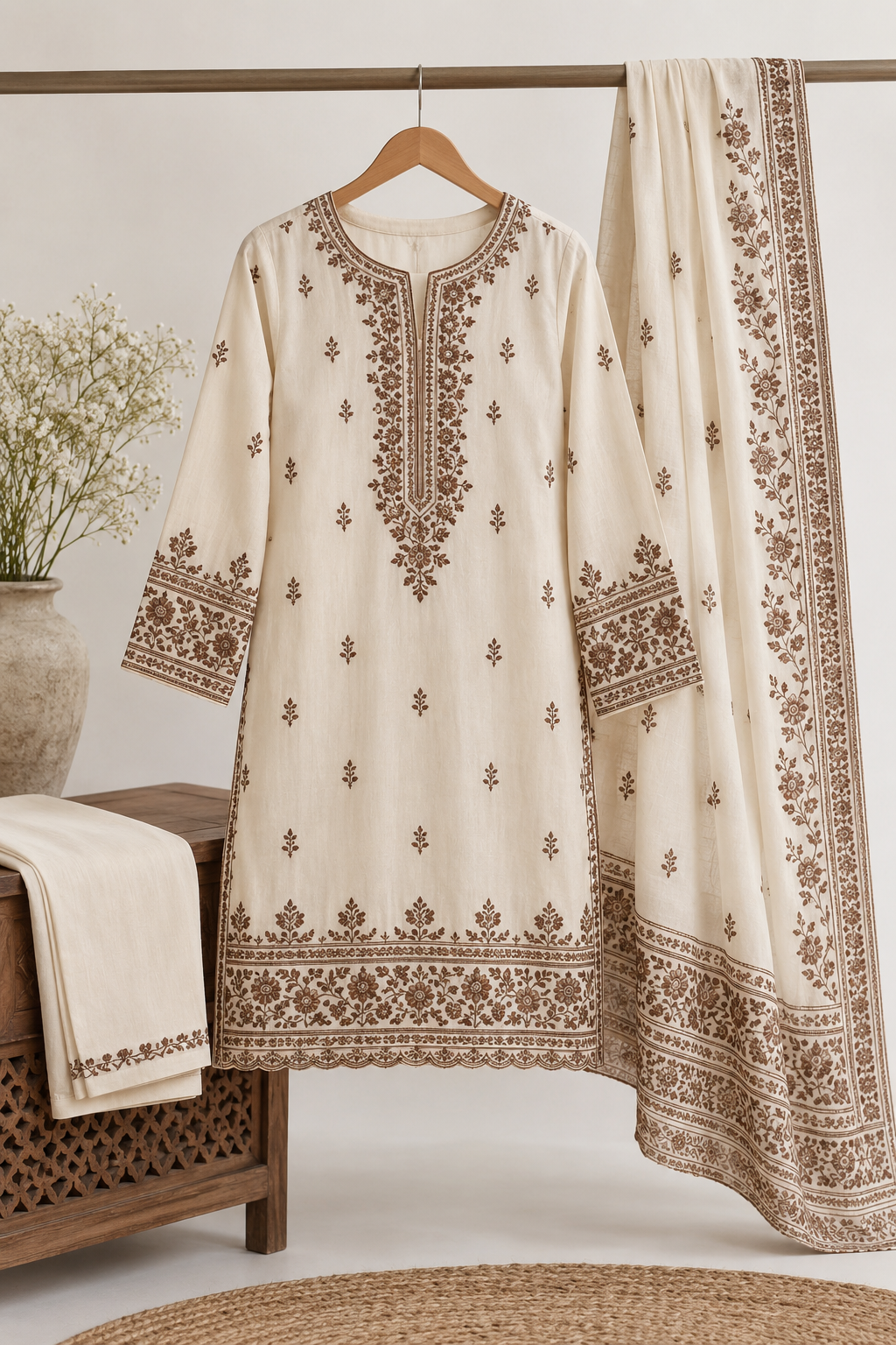 Ivory cotton three-piece set with chocolate embroidery